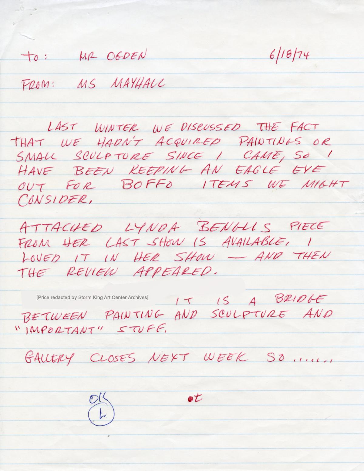 Correspondence from Dorothy Mayhall to Ralph E. Ogden regarding the acquisition of Lynda Benglis' <em>Nu</em>, June 16, 1974
