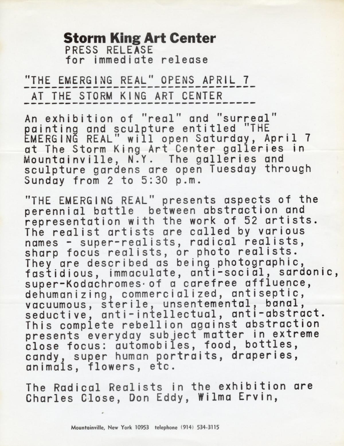 <em>The Emerging Real, </em>April 7 – October 28, 1973, Press Release 