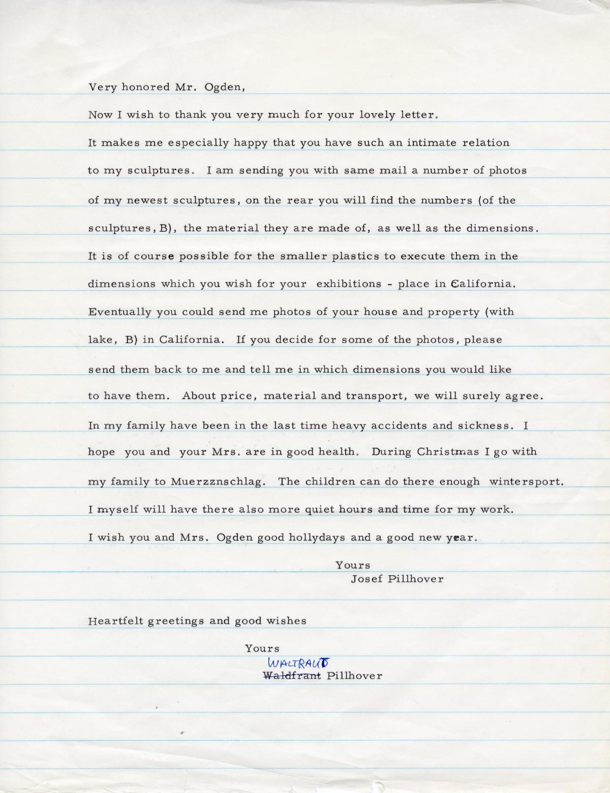 Josef Pillhofer Letter to Ralph E. Ogden, n.d.