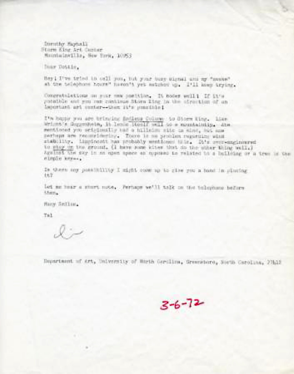 Tal Streeter Letter to Art Center Director Dorothy Mayhall, March 6, 1972