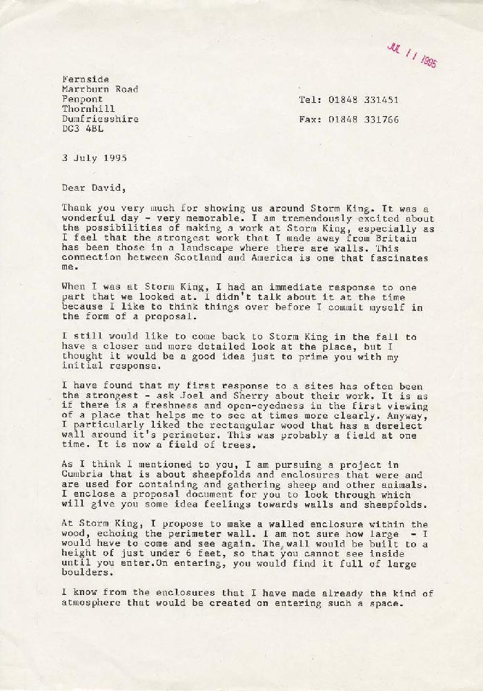 Andy Goldsworthy Letter to David Collens, July 3, 1995