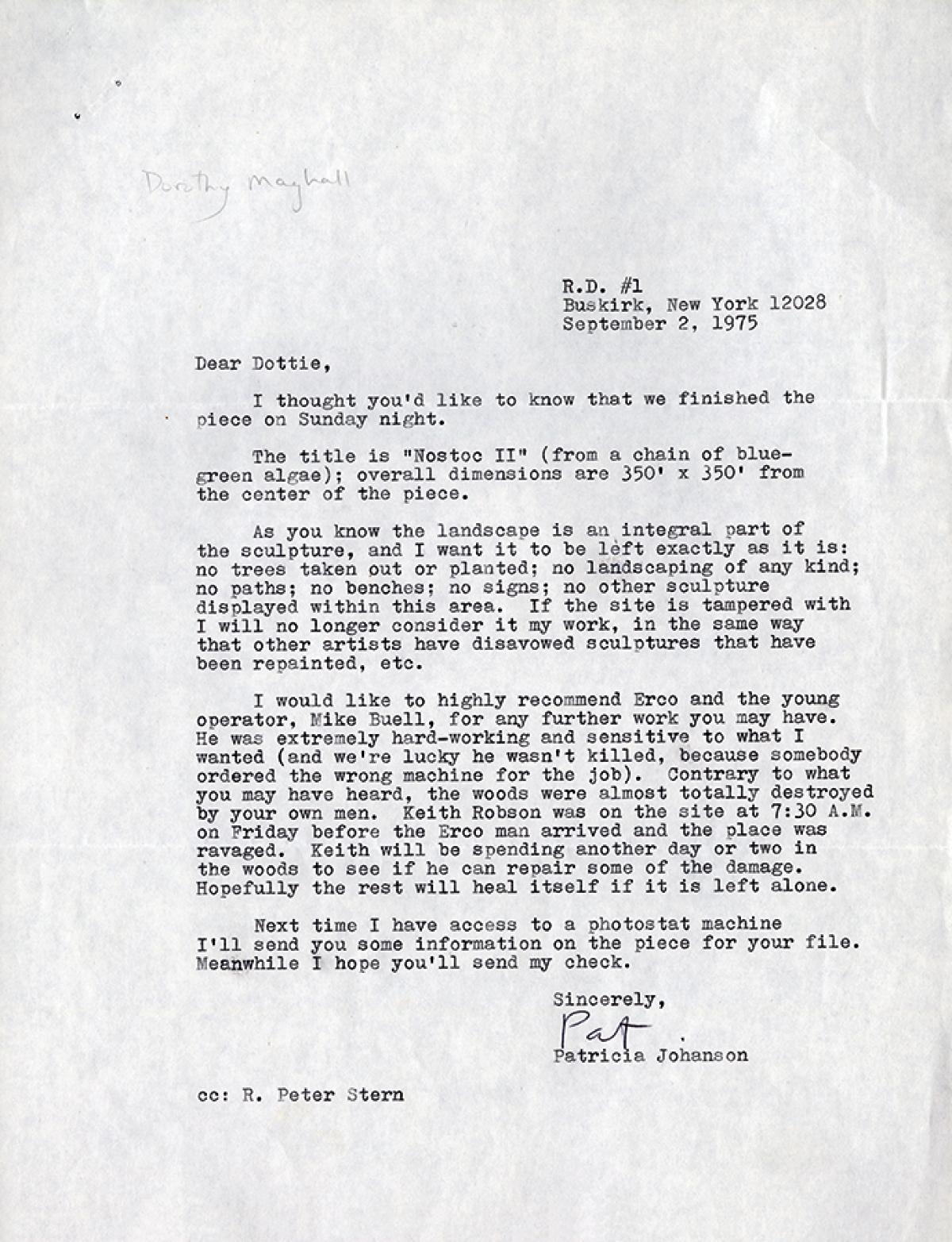 Patricia Johanson letter to Storm King Art Center Director Dorothy Mayhall regarding <i>Nostoc II</i>, 1975