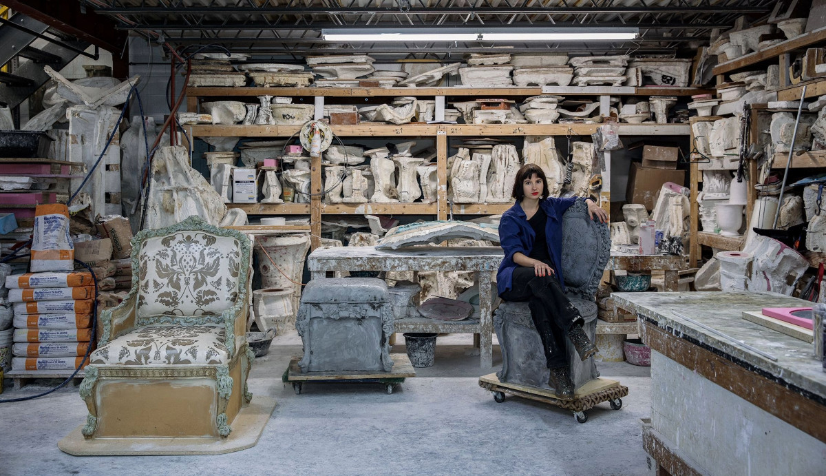 Liz Glynn during the fabrication of <em>Open House</em>, 2016 