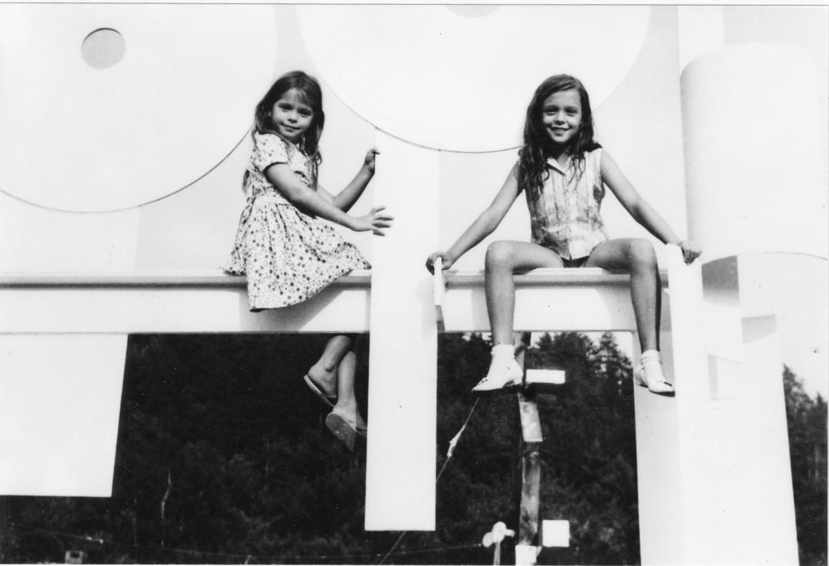 <em>Candida and Rebecca Smith sitting on sculpture “Primo Piano”, Bolton Landing</em>, undated